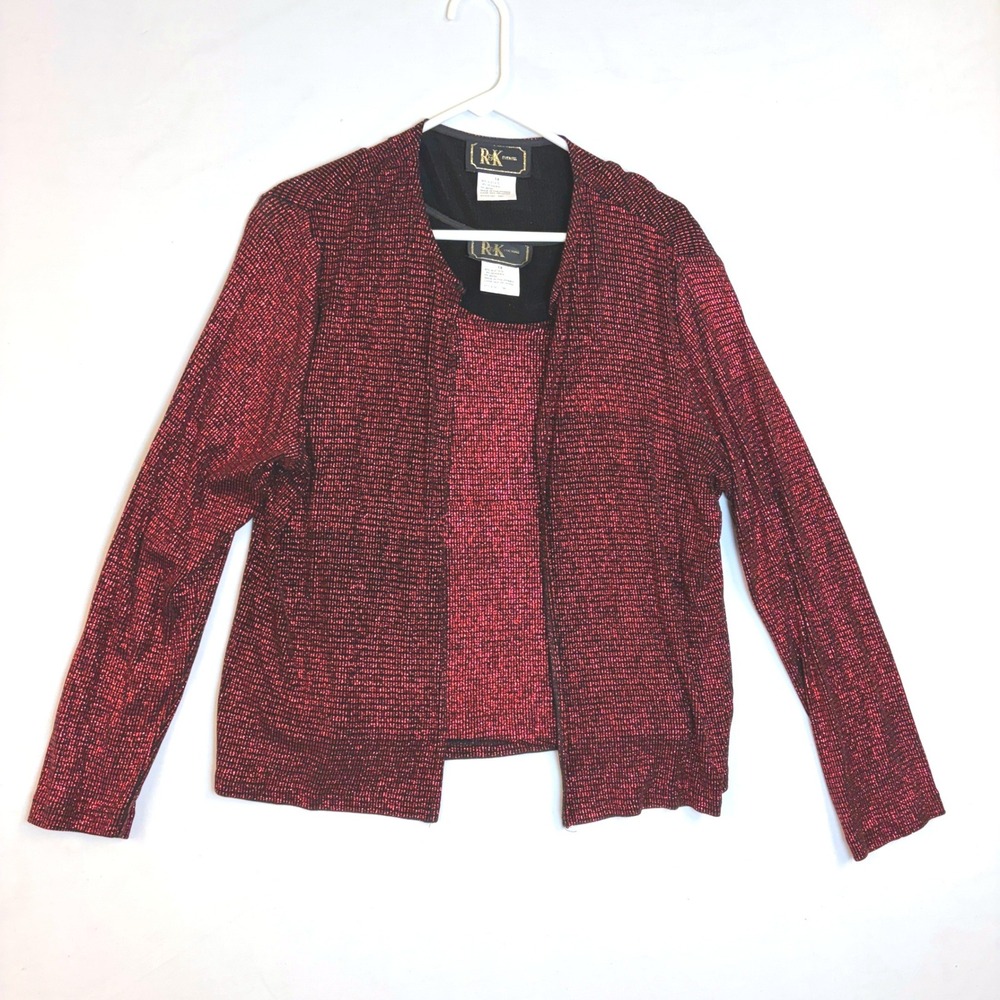 R&K Evening Womens Metallic Red Black Glitter Knit 2 Piece Cardigan Tank Set 14
